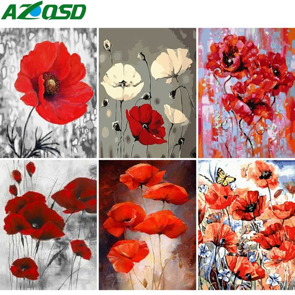 

AZQSD полноразмерная алмазная живопись, Мак, вышивка крестиком, алмазная вышивка, Цветочная мозаика, стразы, Декор для дома