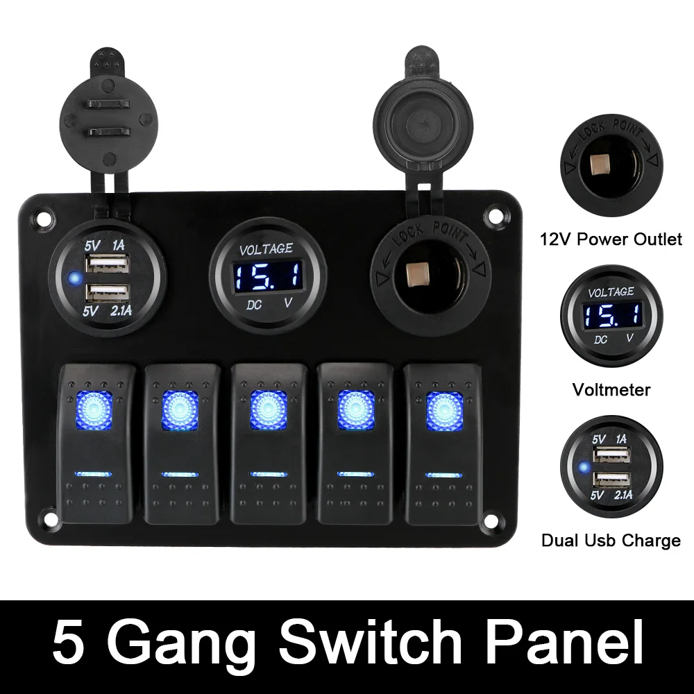 

Digital Voltage 5 Gang LED Rocker Switch Panel With Fuse Waterproof 12/24V Outlet Combination Dual USB Slot Socket
