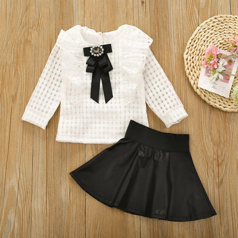 

2PCS Toddler Baby clothing Sets Girl Long Sleevebowknot Tops Blouses Shirt and Black Skirts Casual Kids Girls Outfits