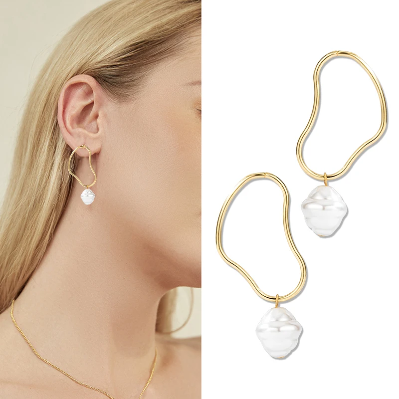 

Trendy Elegant Big White Pearl Dangle Drop Earrings For Women Geometric Retro Metal Drop Earrings 2021 Trend Wedding of Jewelry