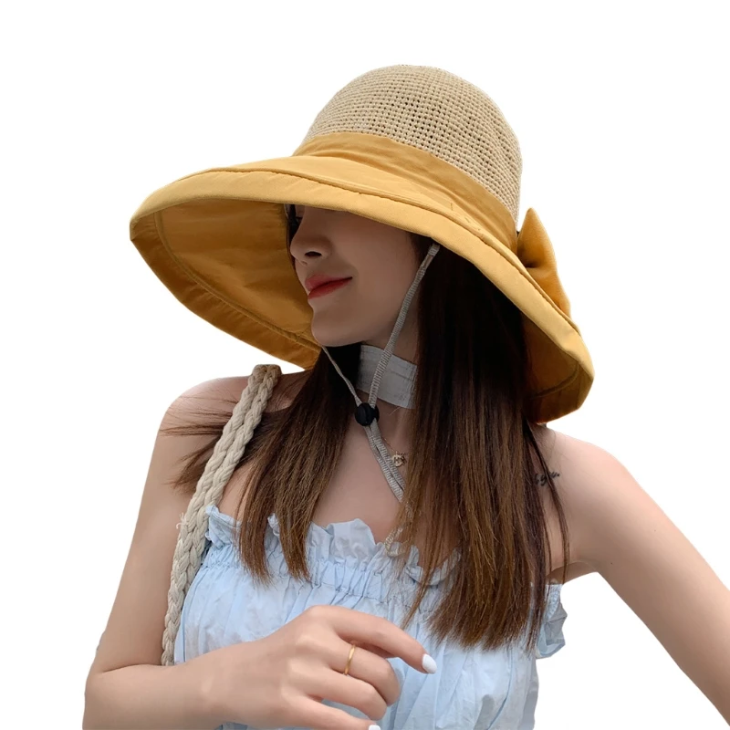 

Шляпа Женская Складная с сетчатым верхом, Пляжная Панама с широкими полями и бантом, летняя, Y1AC