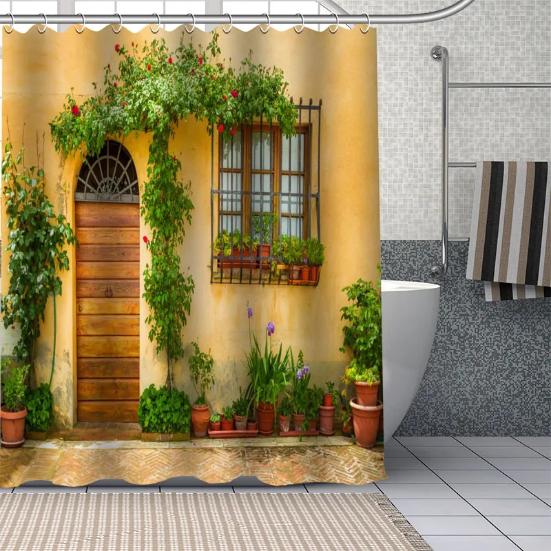 

Flowers Outside The Window Pattern Polyester Bath Curtain Waterproof Shower Curtains Geometric Bath Screen Printed Curtain