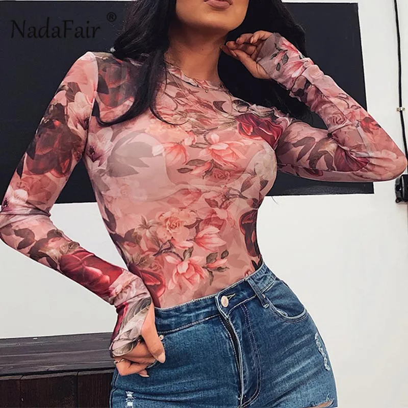 Nadafair Сексуальное Женское боди с цветочным принтом, Сетчатое боди с длинным рукавом, цельное Клубное осеннее прозрачное боди для женщин