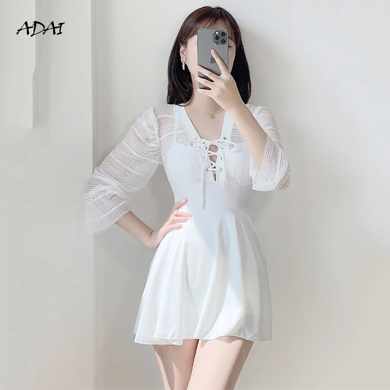 

Women's Swimsuit One Piece With Sleeves Skirt White Swimwear Bathing Suits 2021 Bandage Lace Monokini Sexy Bikini Swim Beachwear