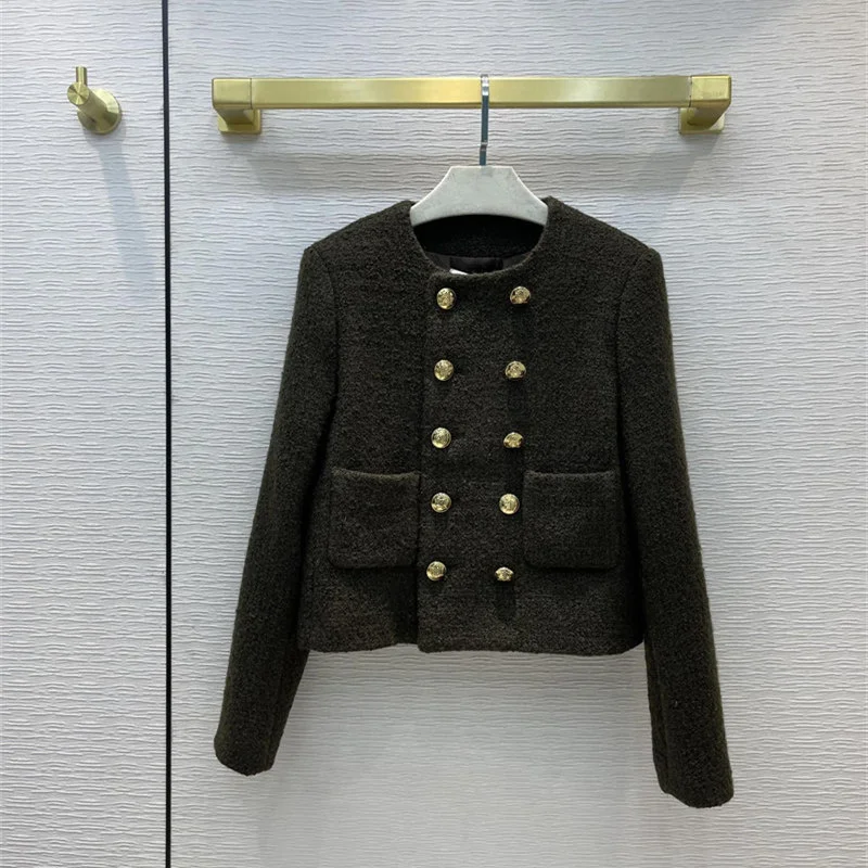 

High Quality Women Fashion Woolen Jackets Tweed Wool Double Breast Round Neck H Shape Short Coats Elegant Clothes Female
