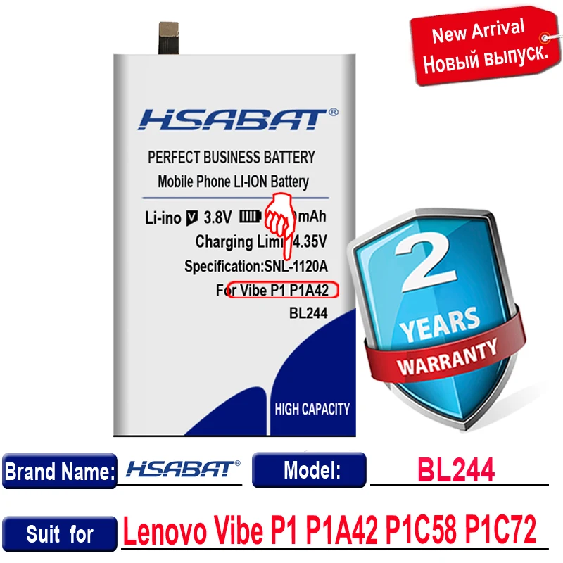 Аккумулятор HSABAT BL244 на 6100 мАч для Lenovo Vibe P1 P1A42 P1C58 P1C72|Аккумуляторы мобильных