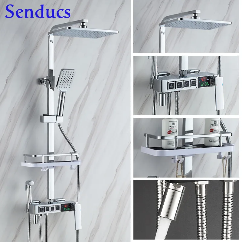 

Electroplated Silver Thermostatic Shower Set Quality Brass Waterfall Bathroom Digital Shower Set Bathroom Faucet 4 Water Modes