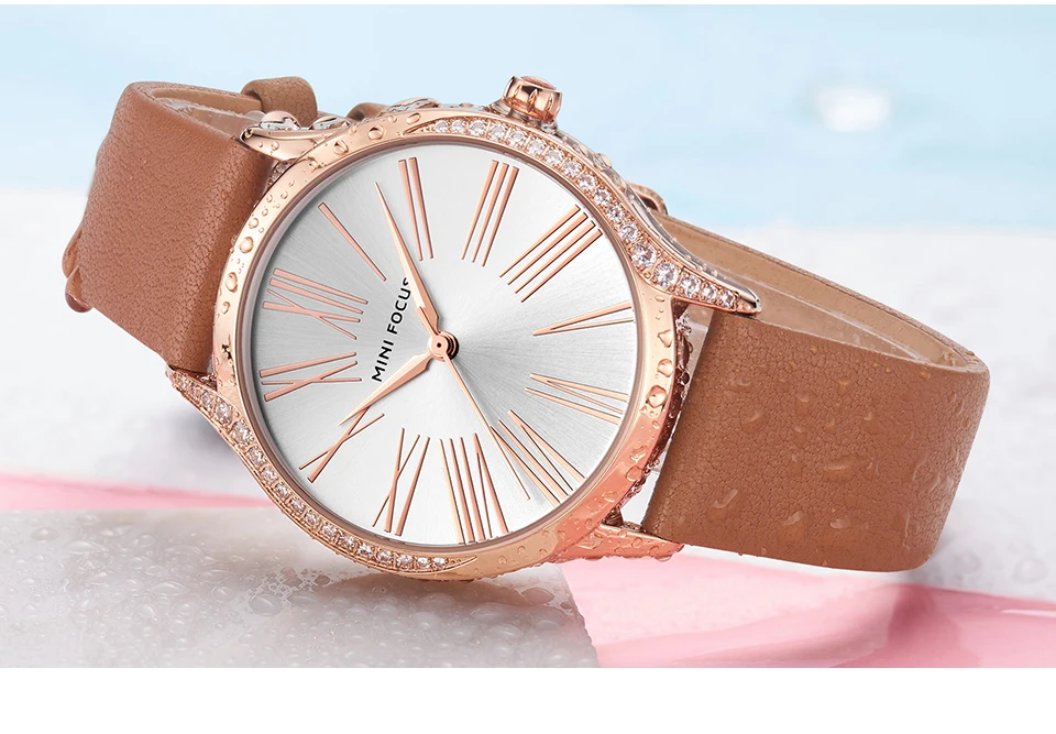 MINIFOCUS, классические, элегантные, синие, кожаные, женские часы, Iced Out, кварцевые, женские часы, водонепроницаемые, простой дизайн, модные, женские часы