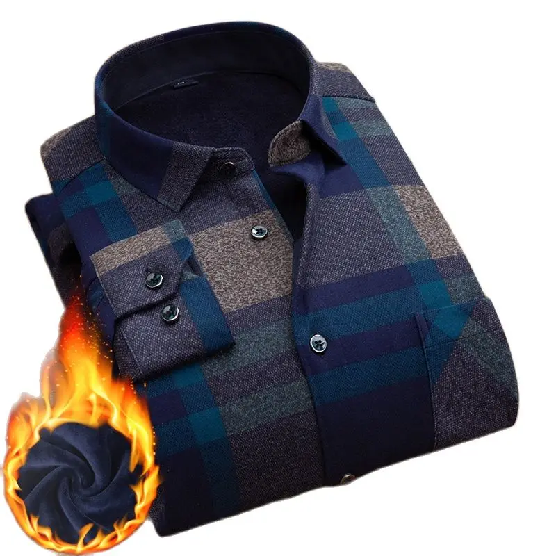 2021 Winter High Quality Plaid Shirt Men Warm Shirt Plus Velvet Thickening Cotton Male Long Sleeve Shirt Man Clothes M-4XL