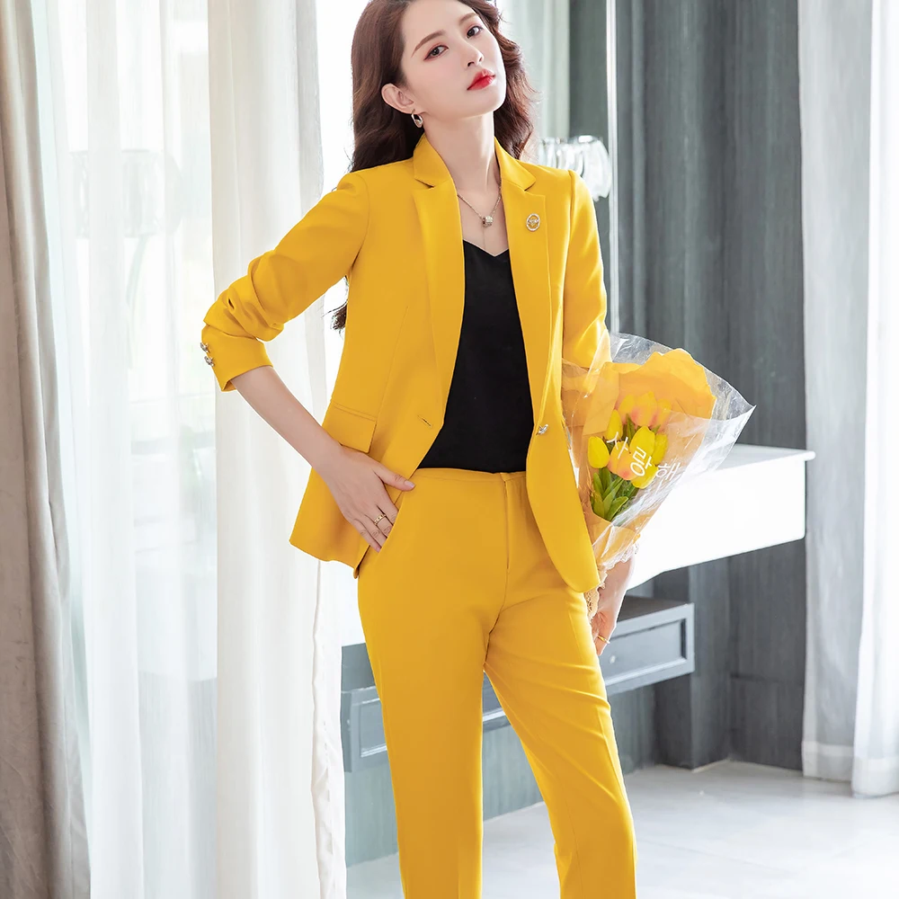 2021SS Yellow White Black Women's Pants Suit 2 Pieces Set Formal Elegant Ladies Splicing Blazer Female Jacket + Trousers