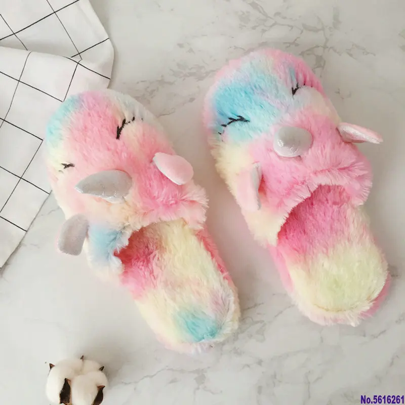 Новинка 2020 г. Симпатичные Красочные Бархатные плюшевые туфли с единорогом