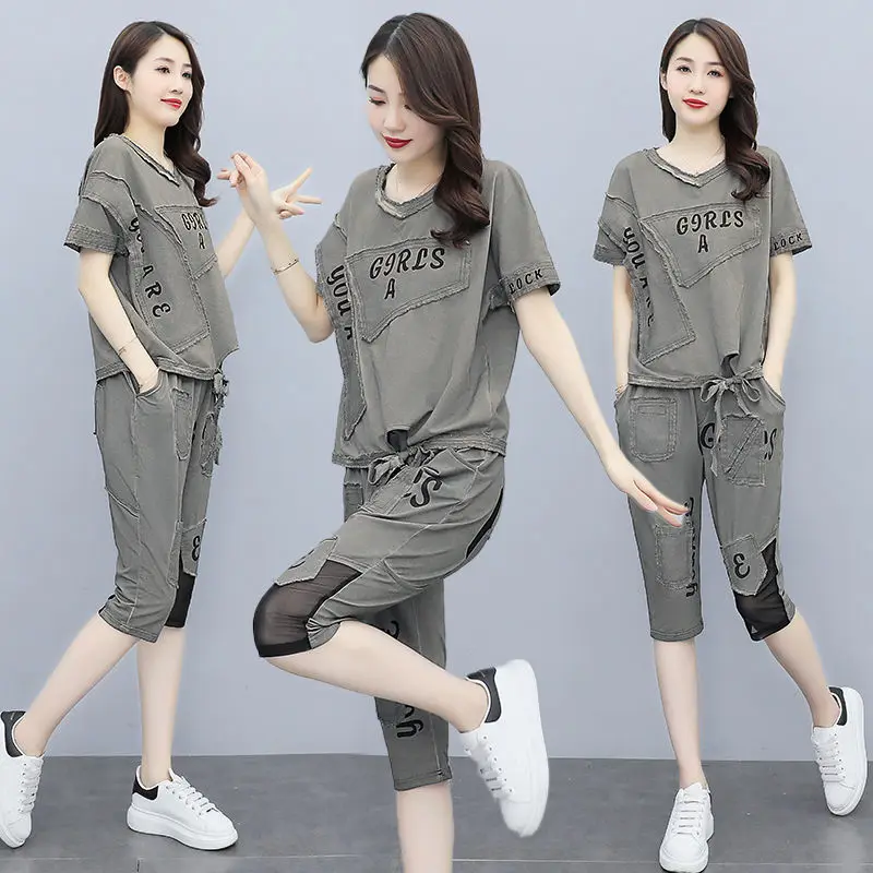 

Women 's Sports Suit 2021 Summer New Short Sleeve Korean Casual Thin Capri Pants Harem Two - Piece Suit