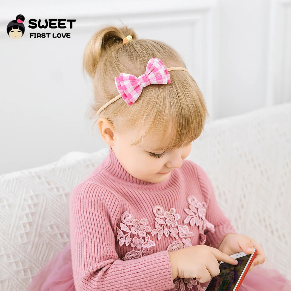 Нейлоновая повязка на голову с тканевым клетчатым бантом для маленьких девочек