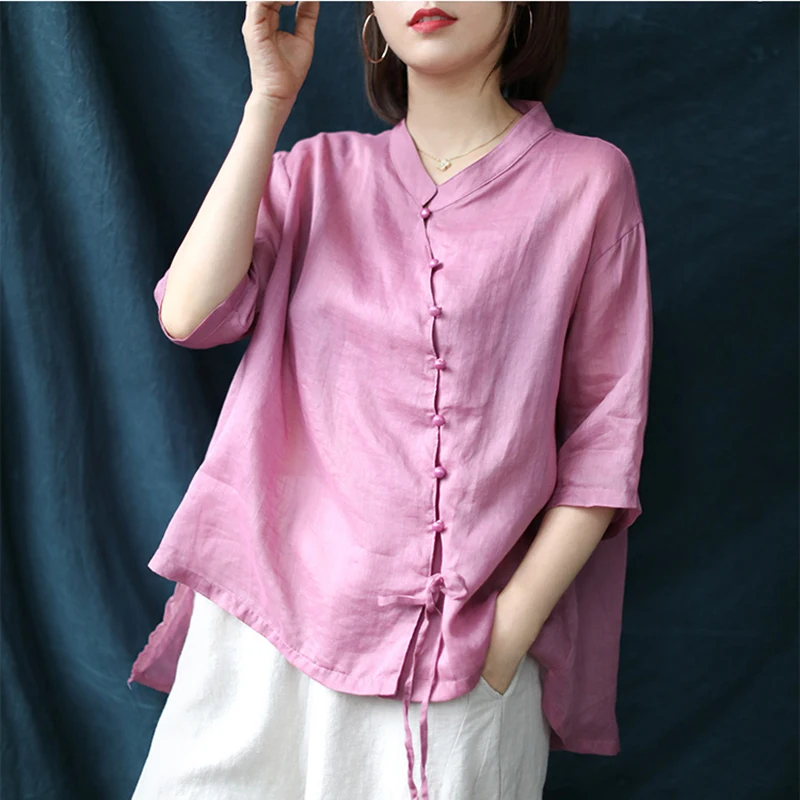 

Женская винтажная рубашка из хлопка и льна, повседневная универсальная Свободная рубашка с воротником-стойкой, пуговицами и рукавом до лок...