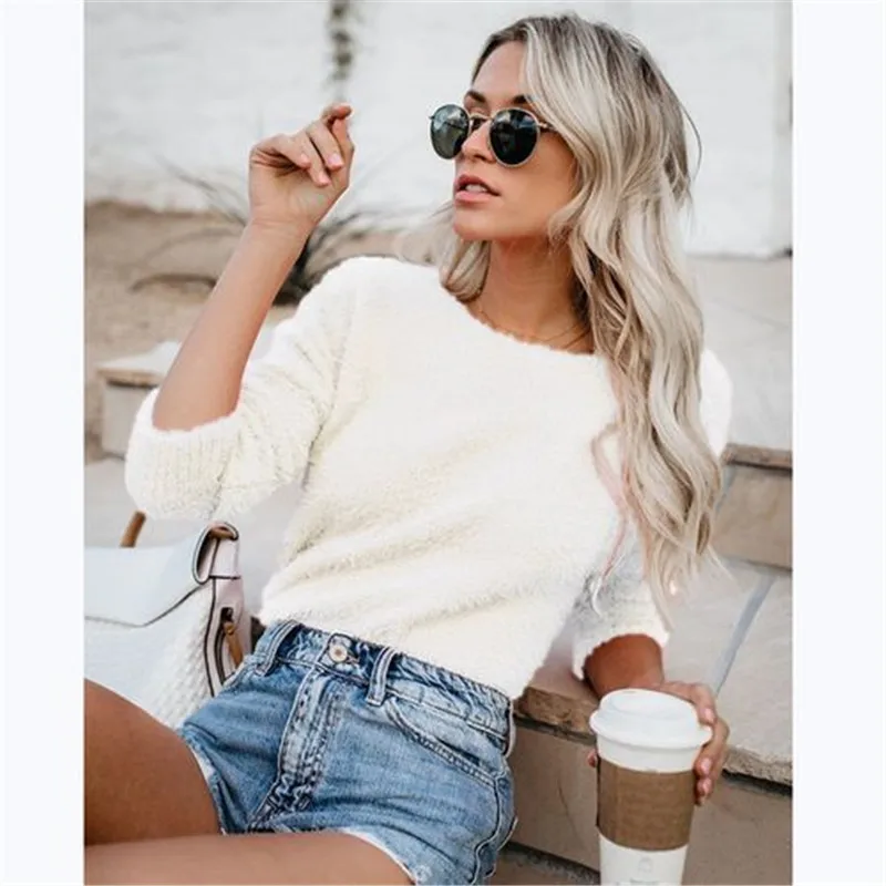 Taniafa Women Tops Mohair Blend Fuzzy Blouse Pullover Jumper Sweater Knitwear | Женская одежда