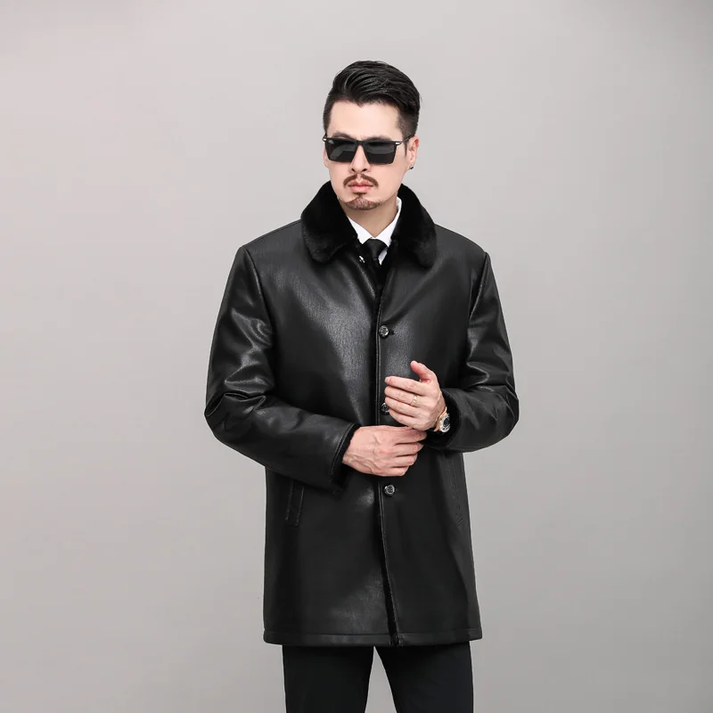 

Middle aged and old winter Haining integrated fur coat men's Plush thickened leather jacket father's dress