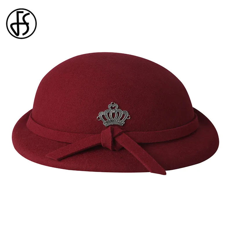 FS элегантная женская шерстяная фетровая котелок черный красный Fedora шляпы для дам