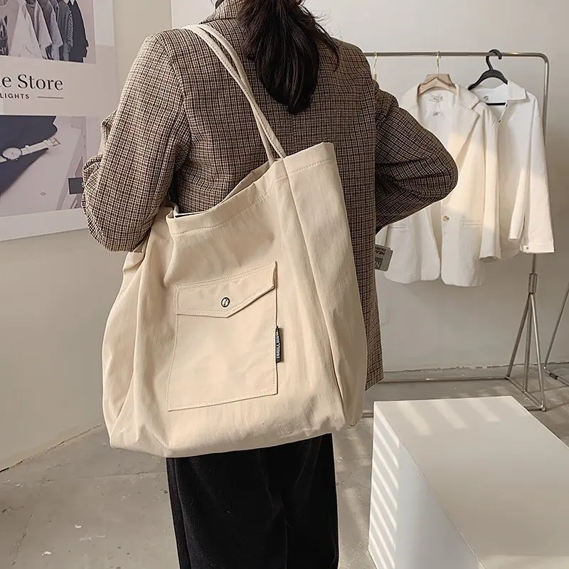 

Simple Canvas Tote Bag Female 2022 New Large-Capacity Fashion Shoulder Bag Velcro College Student Commuter Tote Bag