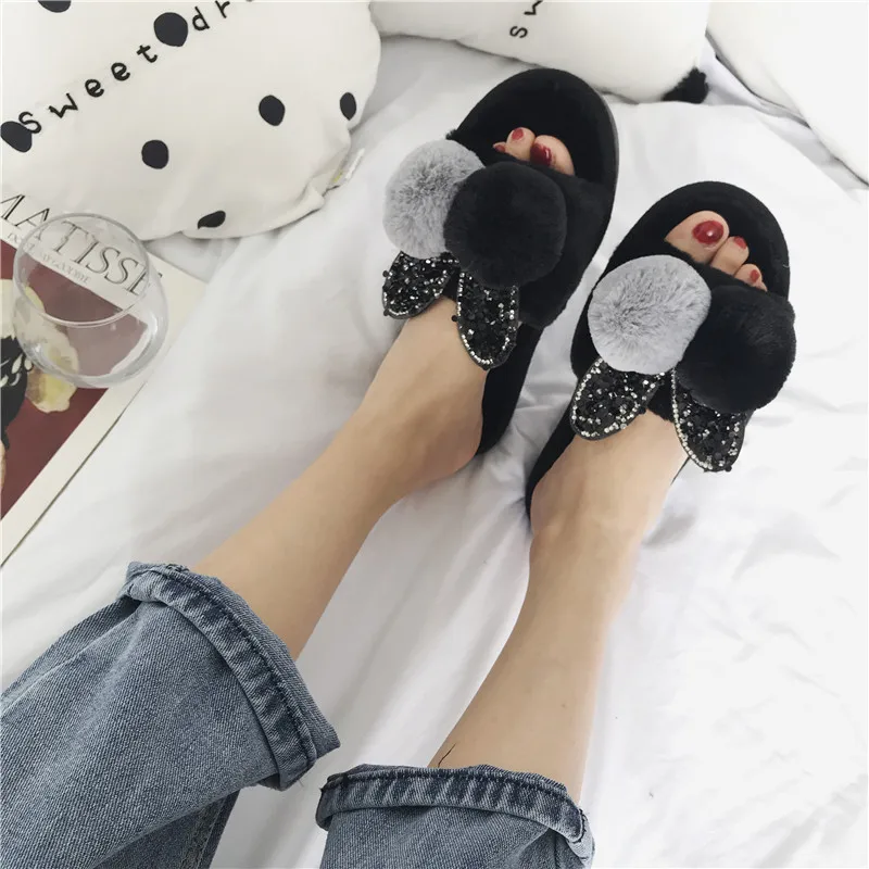 Женские меховые тапочки Rimocy теплые домашние на Плоском Каблуке с кроличьими