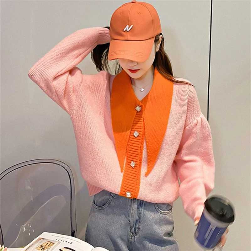 

Women's Sweater Coat Women's 2020 Autumn New Color Matching Lapel Knitted Cardigan