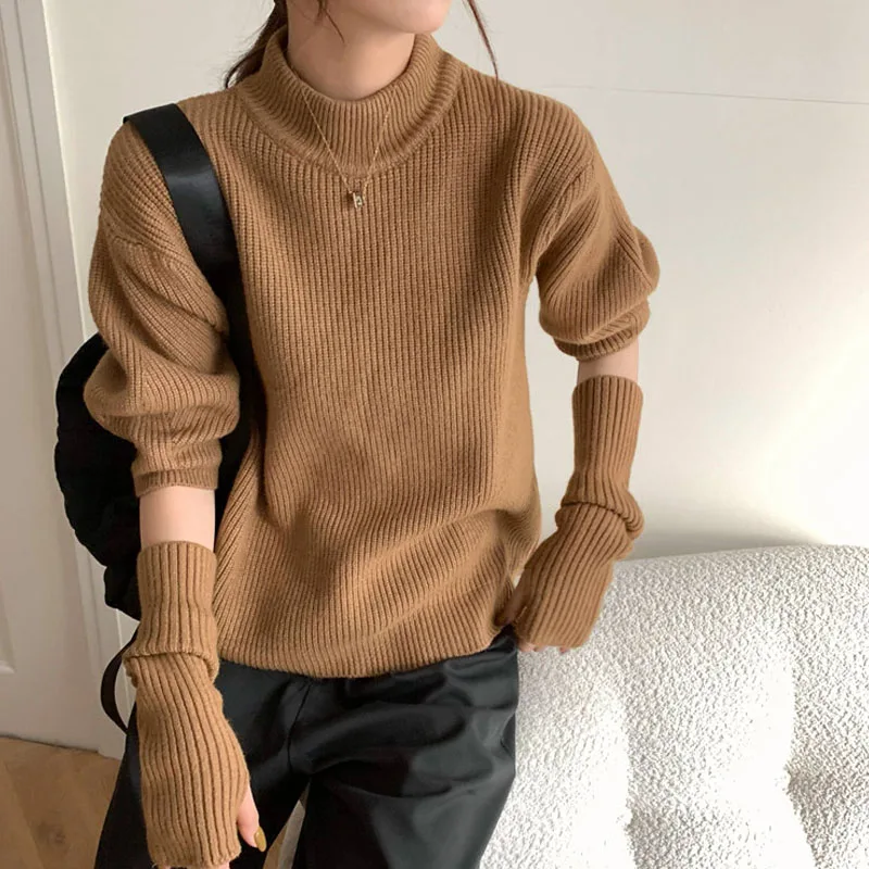 

Осень-зима 2020, женский свитер с высоким воротником, шерстяные теплые пуловеры оверсайз, свитер, вязаный джемпер свободного кроя с семиконеч...