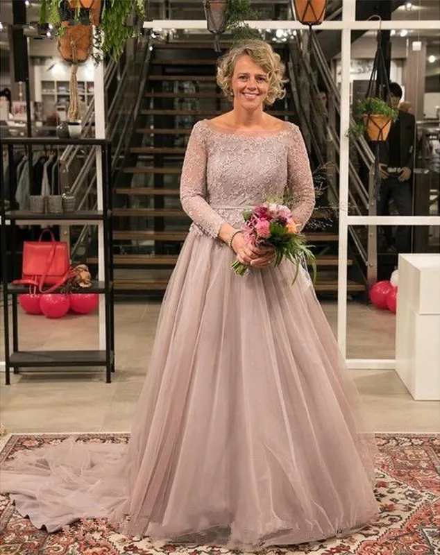 

Vestido De Fiesta De Boda Lace Long Sleeves Mother of the Bride Dresses Scoop Neck A Line Tulle Formal Party Evening Dress