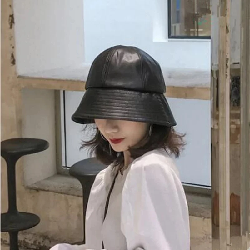 

2021 New Black leather Zipper Hipop Retro Women Bucket Hats Street Style Fisherman Cap Ladies Big Visor Sun Hat Black Bucket Cap