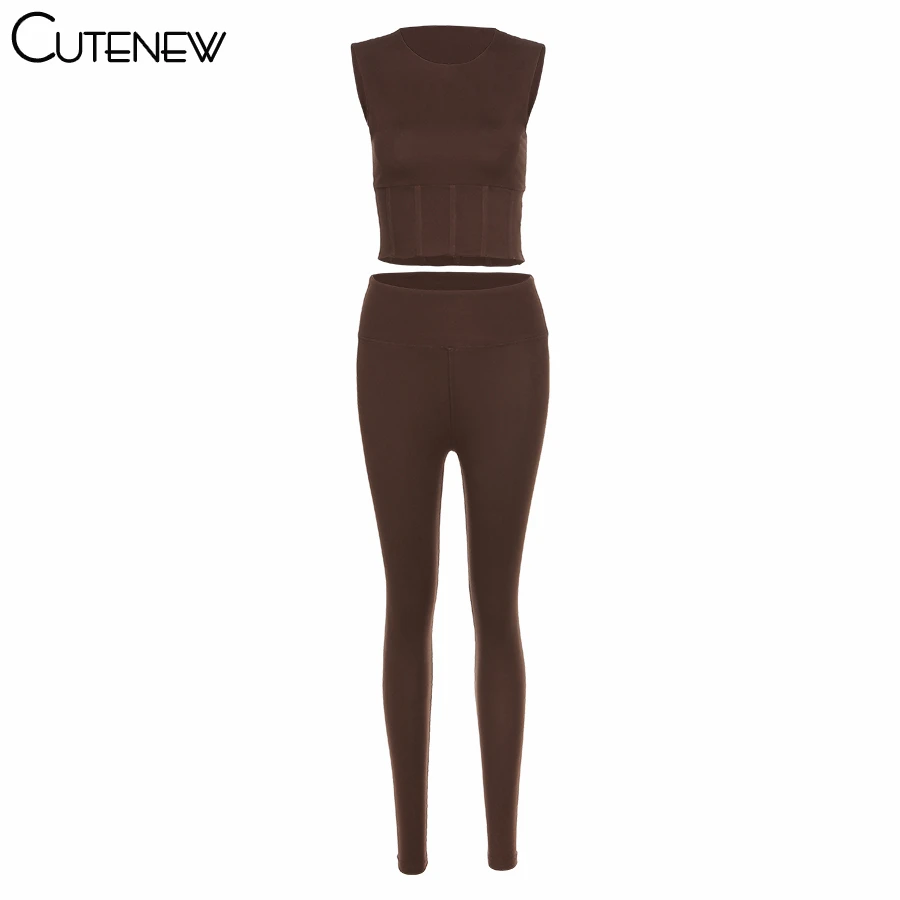 

Cutenew Spring Solid Two Piece Sets Women Casual O-Neck Crop Tops Vest+ Skinny Leggings Matching Outfits Female Basic Streetwear