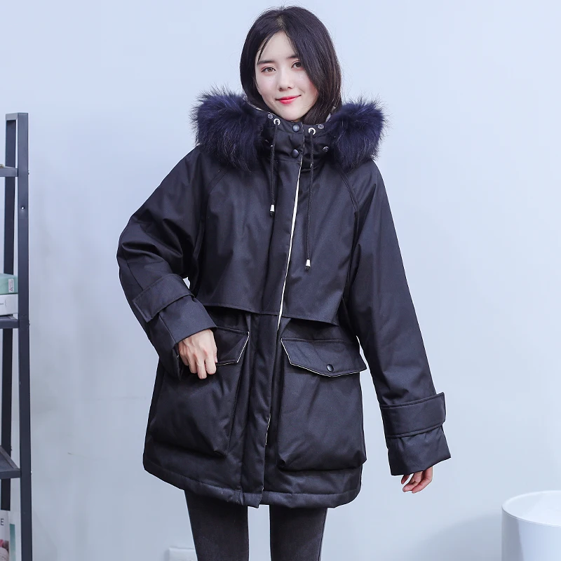 Lusumily зимняя Большая Меховая пуховая куртка женские парки на белом утином пуху