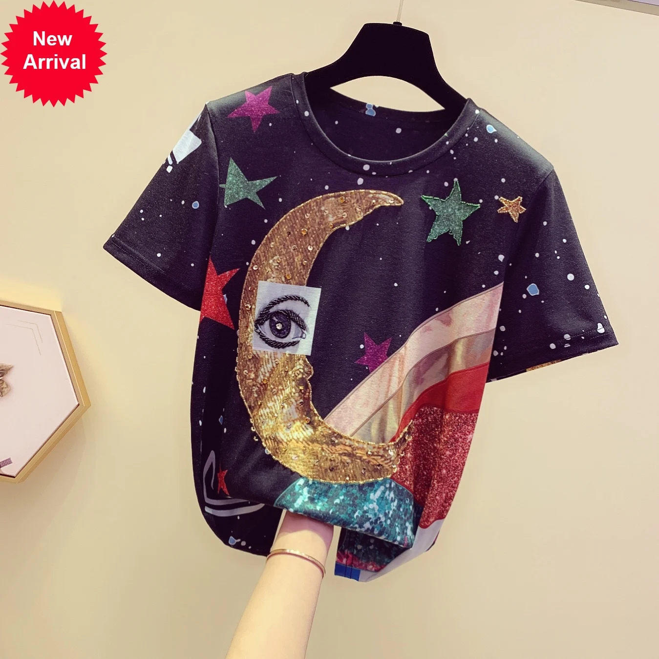 

Spring Summer Short Sleeve T-shirt Women New Round Collar Star Printing Diamond Sequin Bead T-shirt Harajuku Tshirt Student Tee