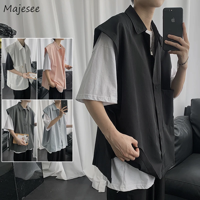 

Vests Men Turn-down Collar Casual Loose Solid Simple Sleeveless Waistcoats Hip-hop Ins Harajuku All-match Summer Outwear Couples