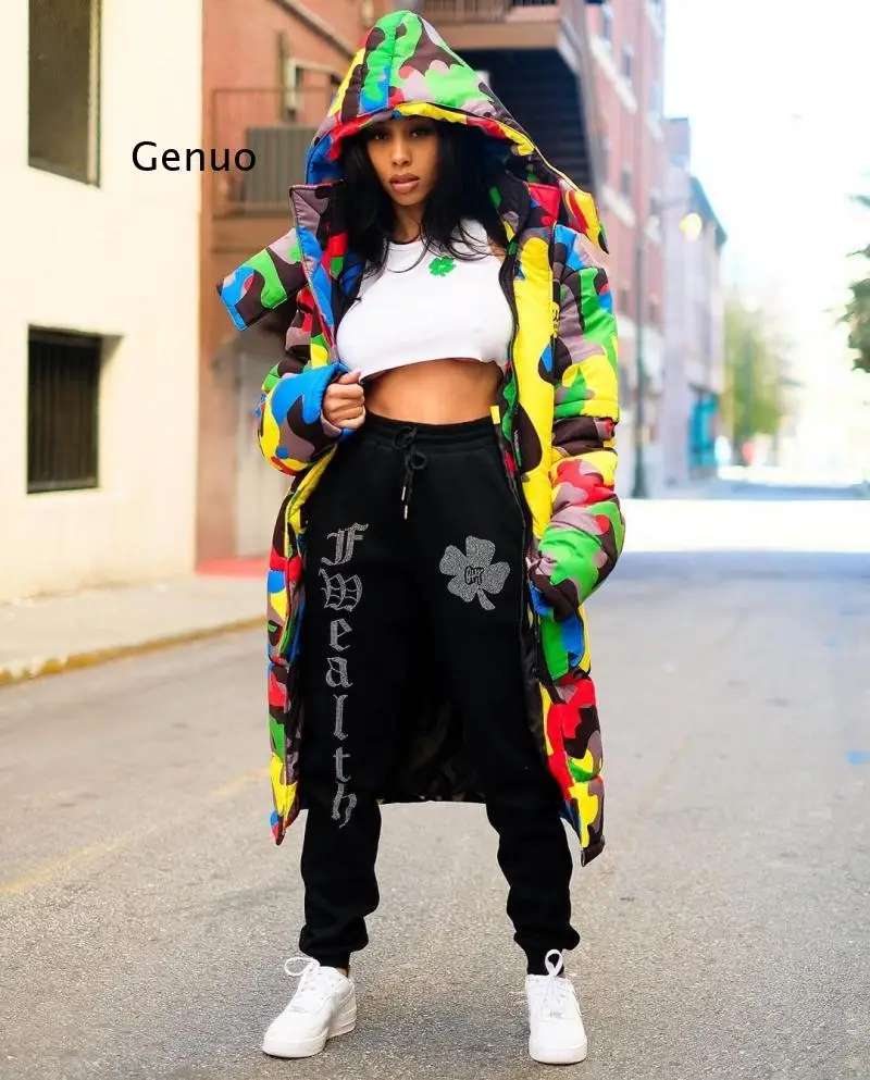2021 Winter Spring Camouflage Print Jacket Women Long Parka Unisex  Cotton Padded Coat with Detachable Hood
