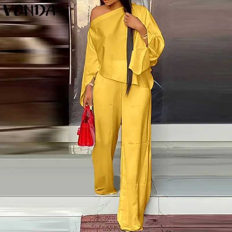 

Solid Color Tops And Trousers VONDA 2021 Women Casual Long Sleeve Sets Palazzo Pants Ladies Autumn Two-piece Sets Streetwears