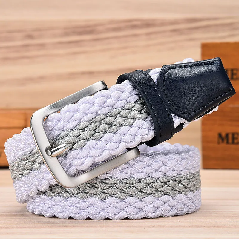Fashion Casual Stretch Woven Belt With Leather Tip Top Elastic Belts For Men Jeans Mixed Color Braided Strap Zinc Alloy Buckle - Цвет: White Grey