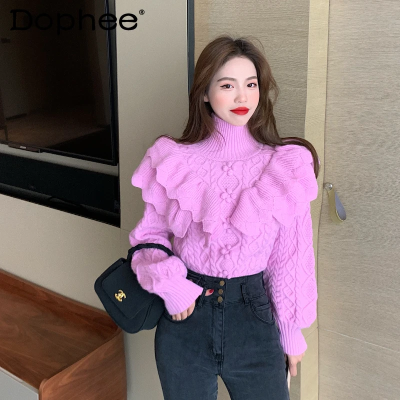 

High Collar Warm Twist Sweater Women Loose Slim Fit Ruffles Patchwork Knitted Jumper 2021 New Autumn Winter Purple Sweater Top