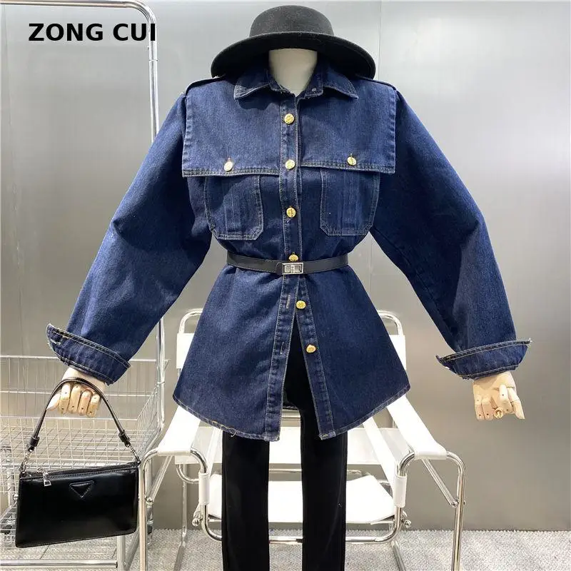 

New Women Denim Coat 2021 Autumn Turn Ladies Down Collar Long Sleeve Pocket Loose Vintage Blue Long Denim Coat Top Jean Femme