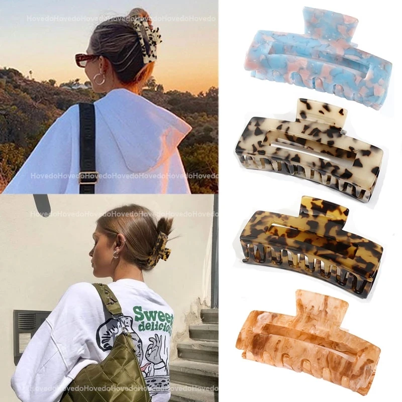 

2021 New Ins Leopard Acetate Hair Clip Hair Claw for Women Large Geometric Hollow Square Tortoiseshell Hair Accessories