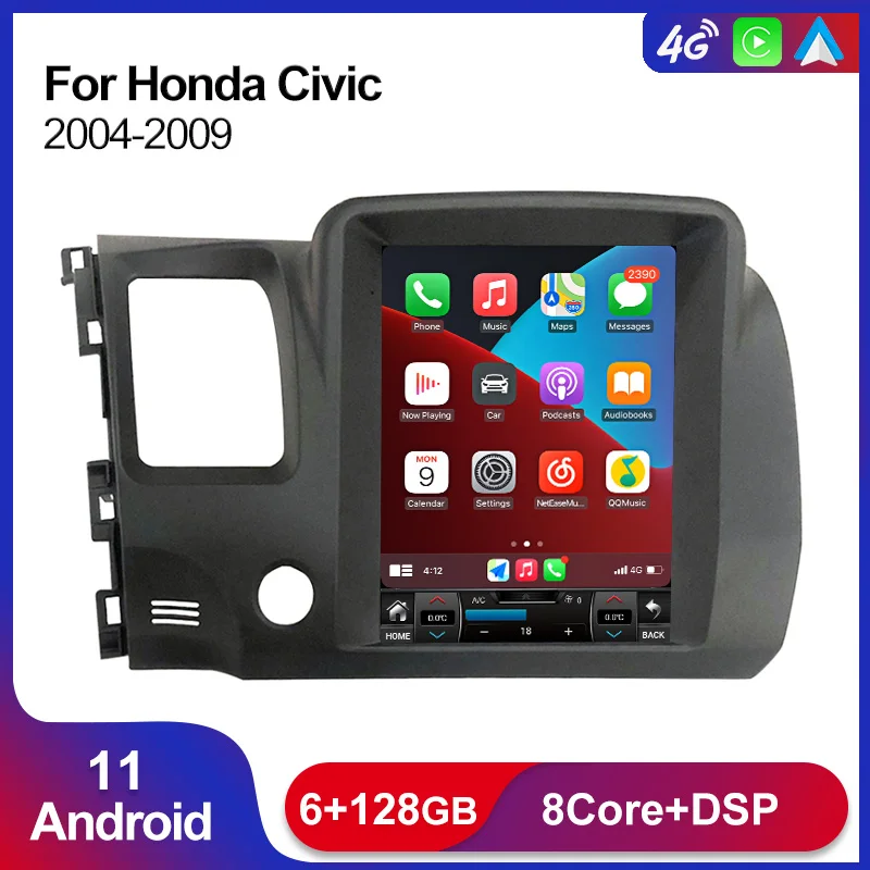

9.7'' Tesla Screen Android 11 6+128G Car Multimedia Player For Honda Civic 2004-2009 GPS Navigation Carplay Auto Radio Stereo