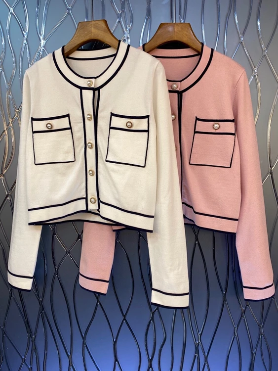 

2021 new women fashion sleeveless vest + round neck symmetrical pockets and striped border cardigan top 094