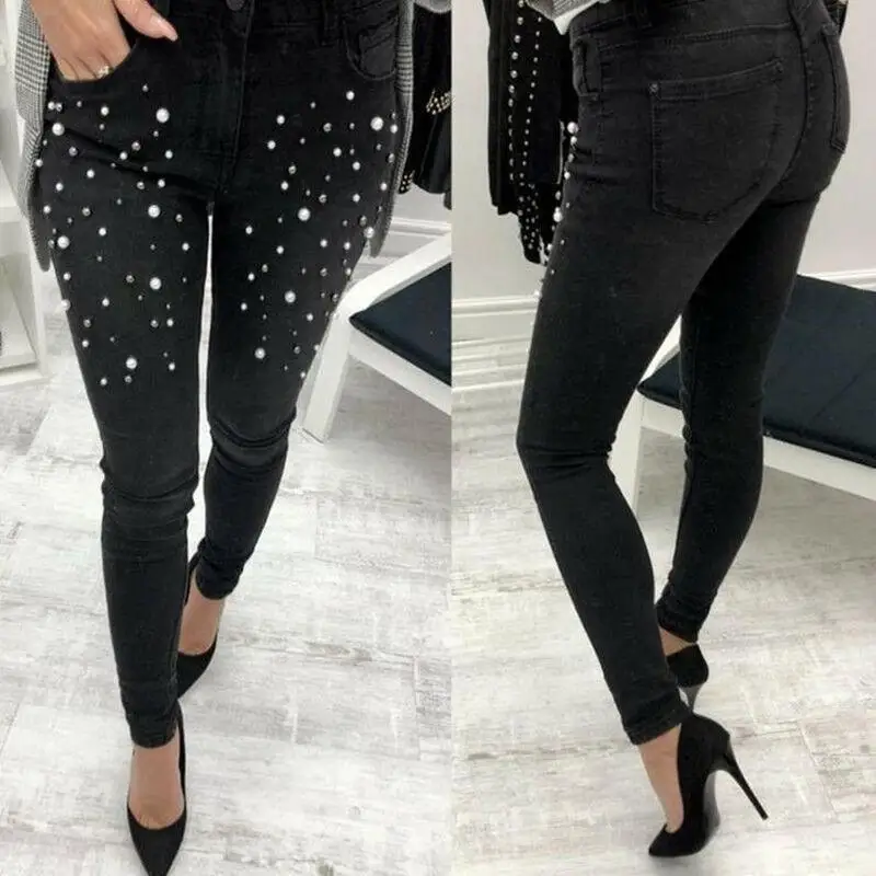 

Women Skinny Denim Pants High Waist Solid Color Pencil Jeans Beaded Accessories Trousers