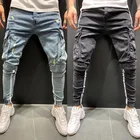 Новинка, осенняя уличная одежда QNPQYX, эластичные мужские джинсы, модные длинные брюки в стиле хип-хоп на молнии с отверстиями для колена, оптовая продажа