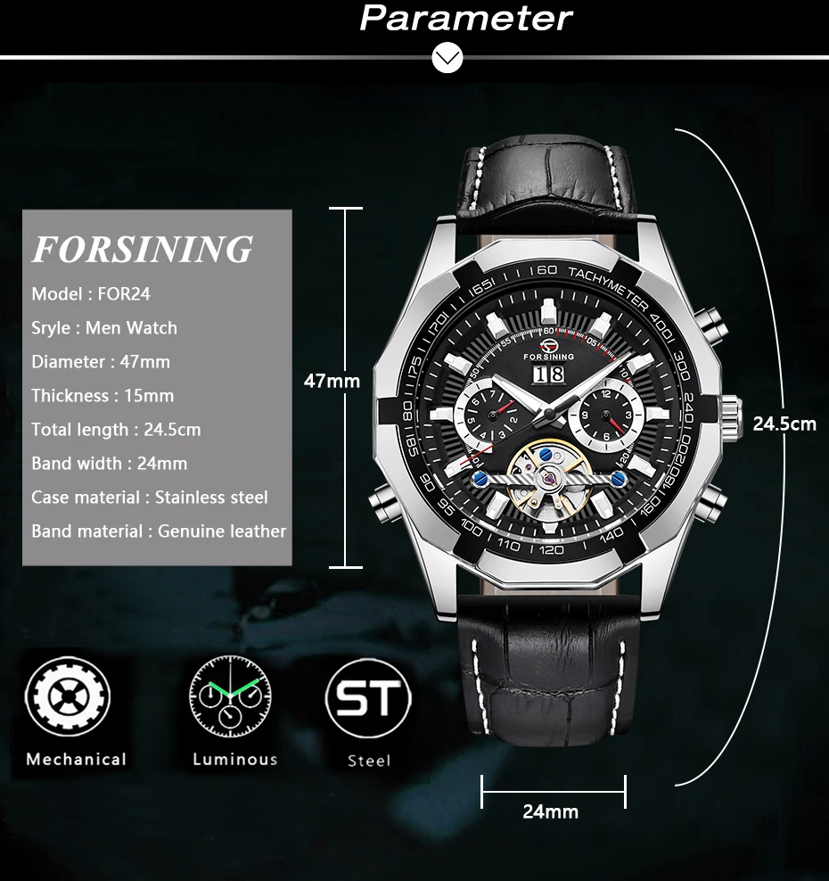 FORSINING, модные мужские Tourbillon, автоматические часы, Серебряный Скелет, кожаный ремешок, военные механические наручные часы, мужские спортивные часы