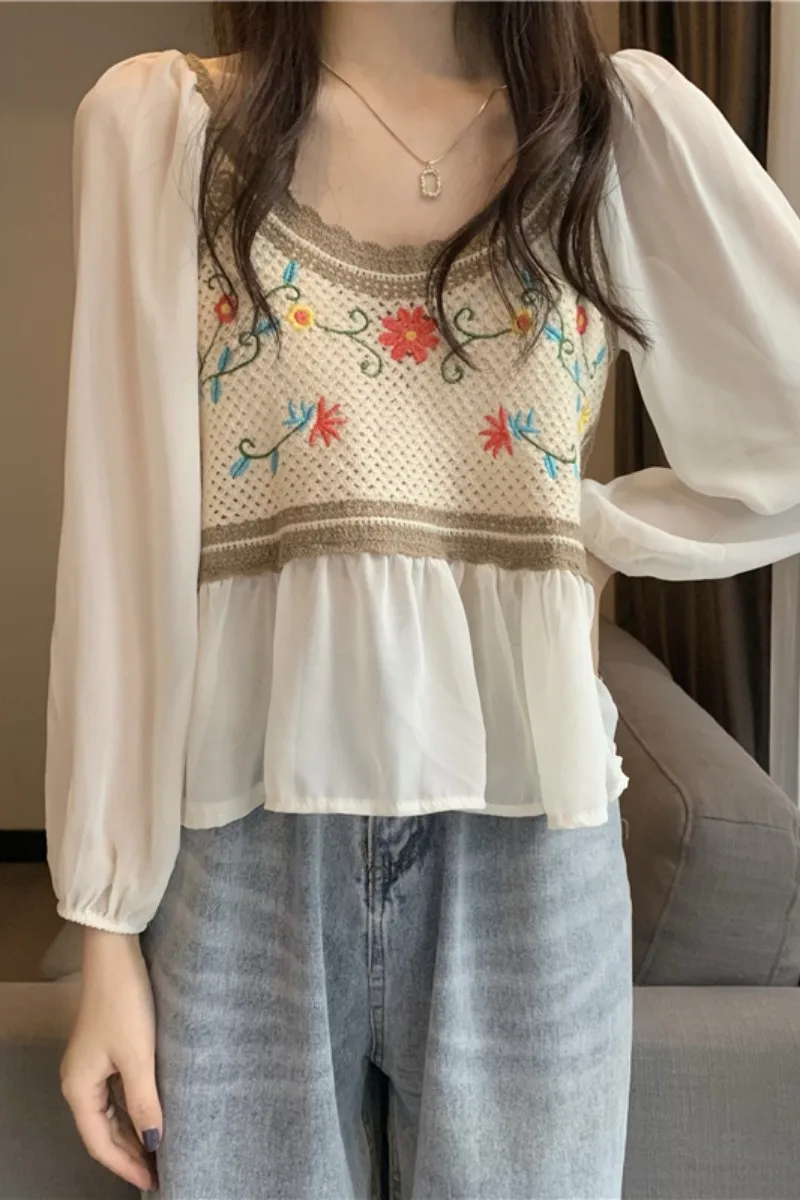 

Embroidery stitching chiffon shirt ladies design sense spring 2021 new bubble long-sleeved top clothes