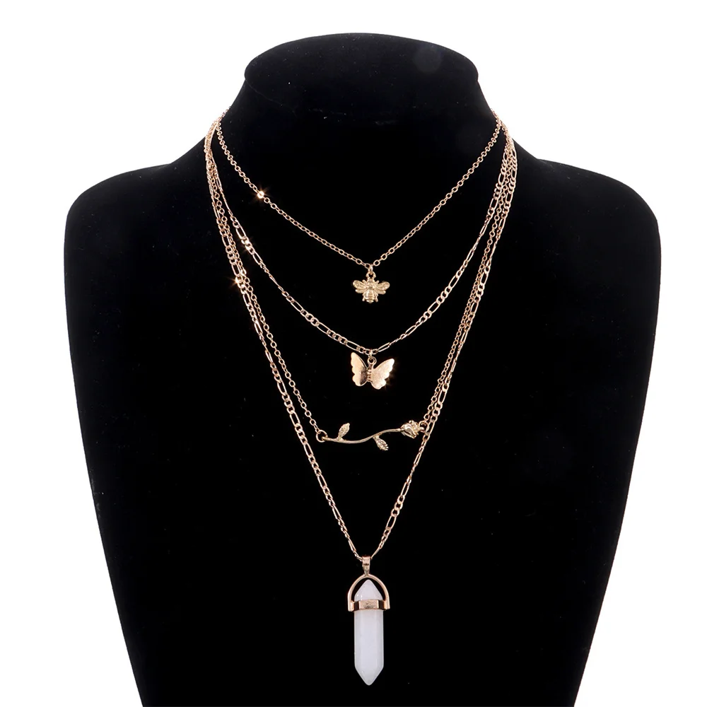 

YOUVI Punk Mulitylayered Chains Necklace for Women Bohemia Butterfly Hexagonal Stone Lovers Pedants Necklace Choker Jewelry
