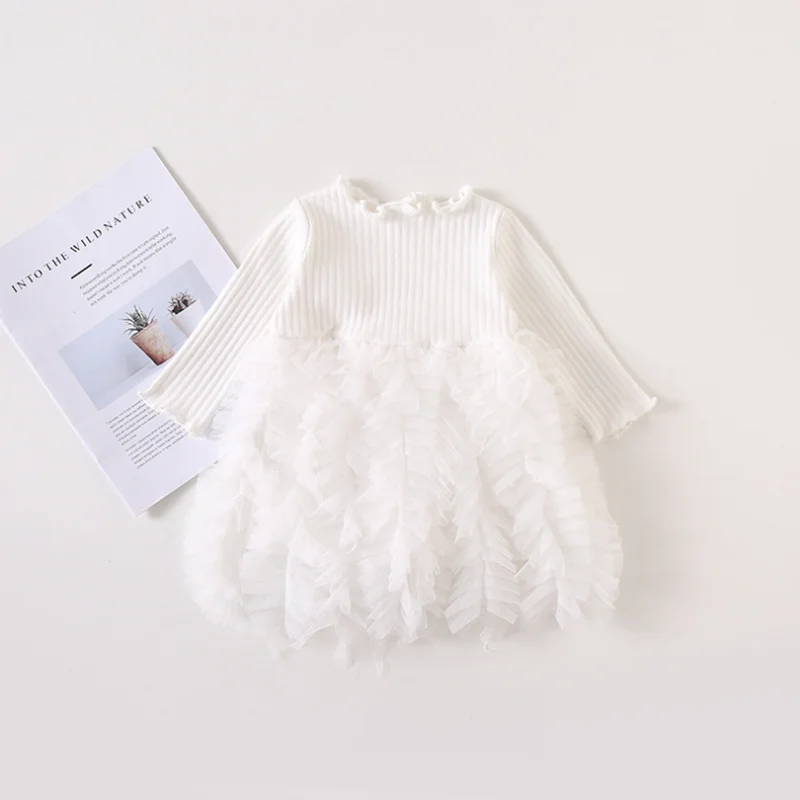 

Autumn children's stitching mesh girls knit dress children's wear
