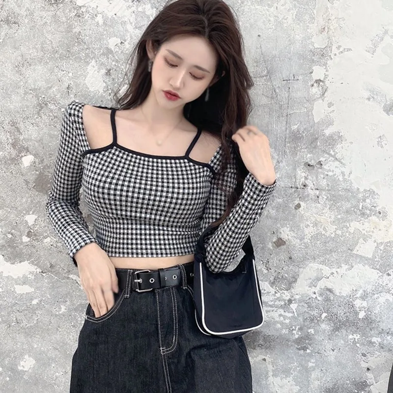 

Spring Autumn Woman Tshirts Women's Plaid Square Collar Hollow Out Sexy Tops Ladies Slim Navel Exposed Long Sleeved T-Shirt