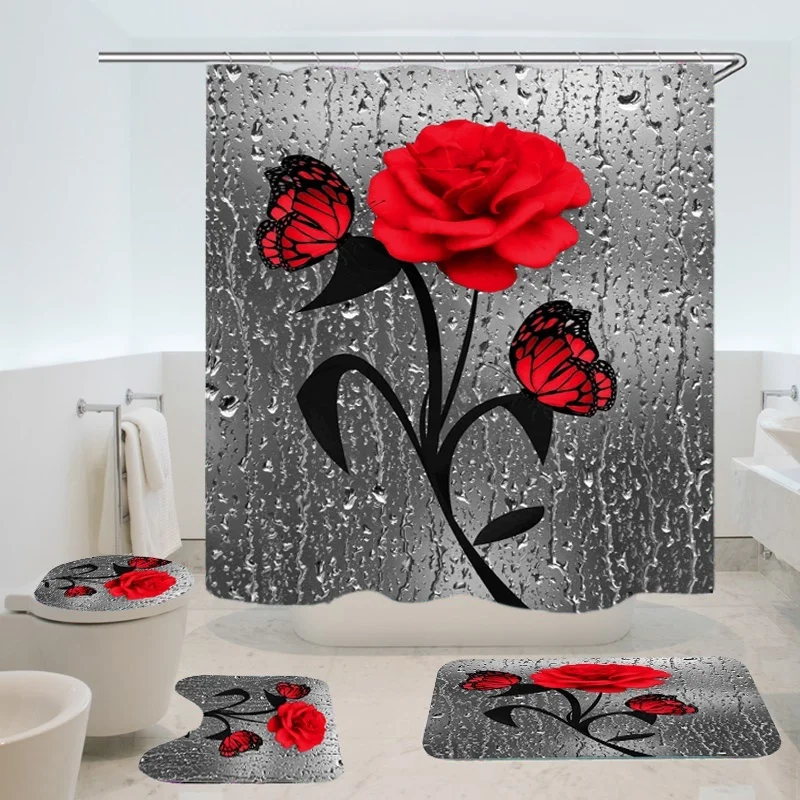 Занавеска для душа с красной розой и бабочкой набор нескользящих ковриков ванной