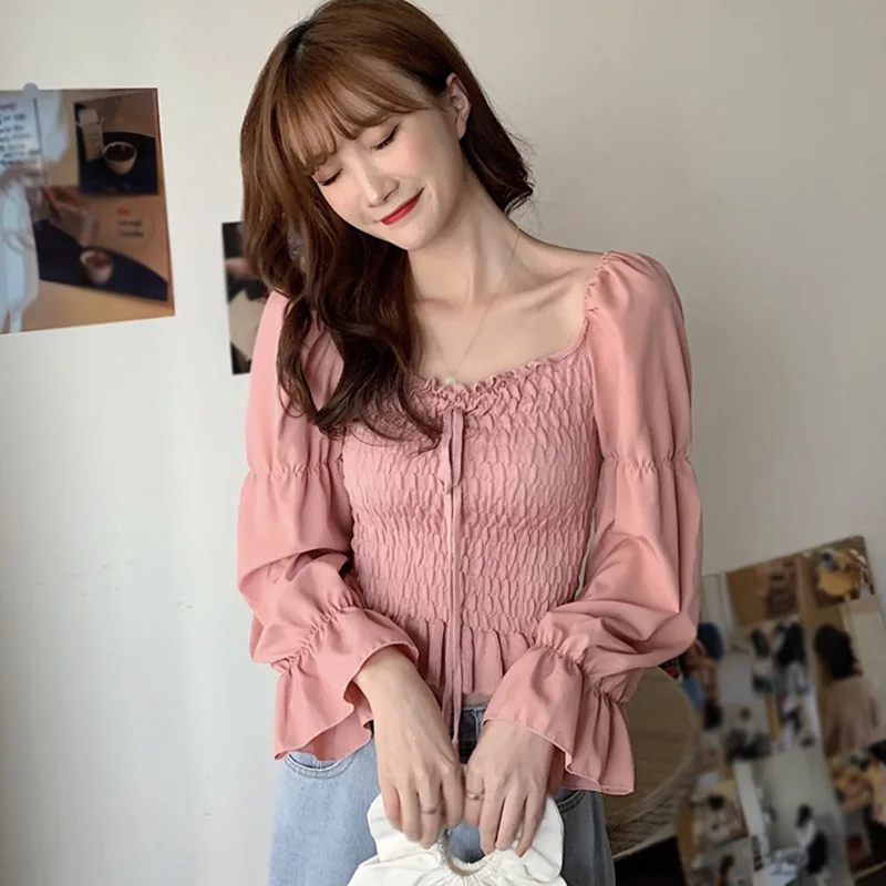 

Women's Elegant Square Collar Patchwork Blouses Sexy Sweet Exposed Navel Long Sleeve Shirt Top Spring/Autumn Women Clothes