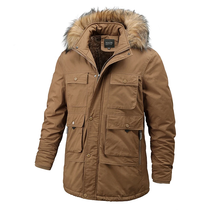 

Men's Winter Coats Hooded Casual Thick Cotton Parkas Autumn Windproof Vintage Quality Jacket Fur Collar Fashion Hat Parka