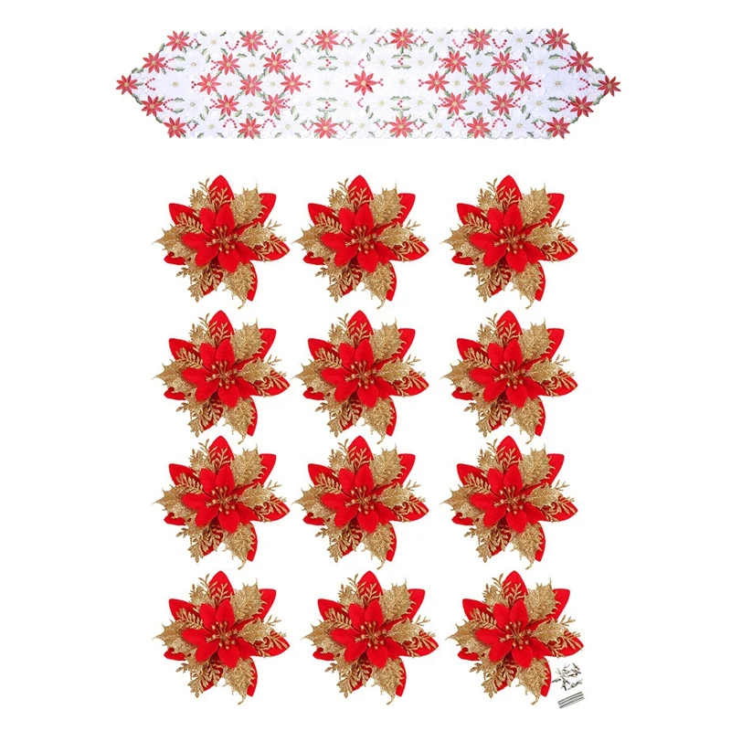 

Christmas Embroidered Table Runner with Red Poinsettia Artificial Christmas Flowers Christmas Tree Ornament